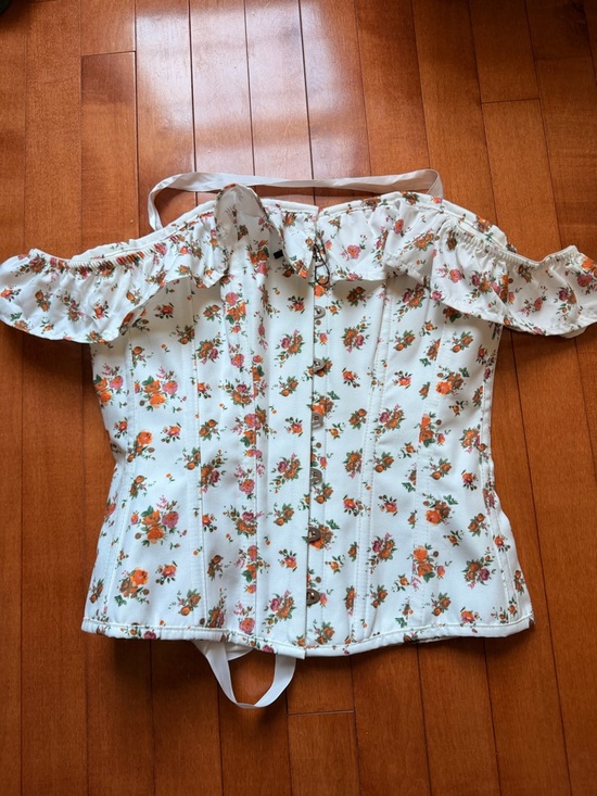 Corset Story Tops - Corset story corset. Off-Shoulder Floral Corset- White with Orange Floral Print